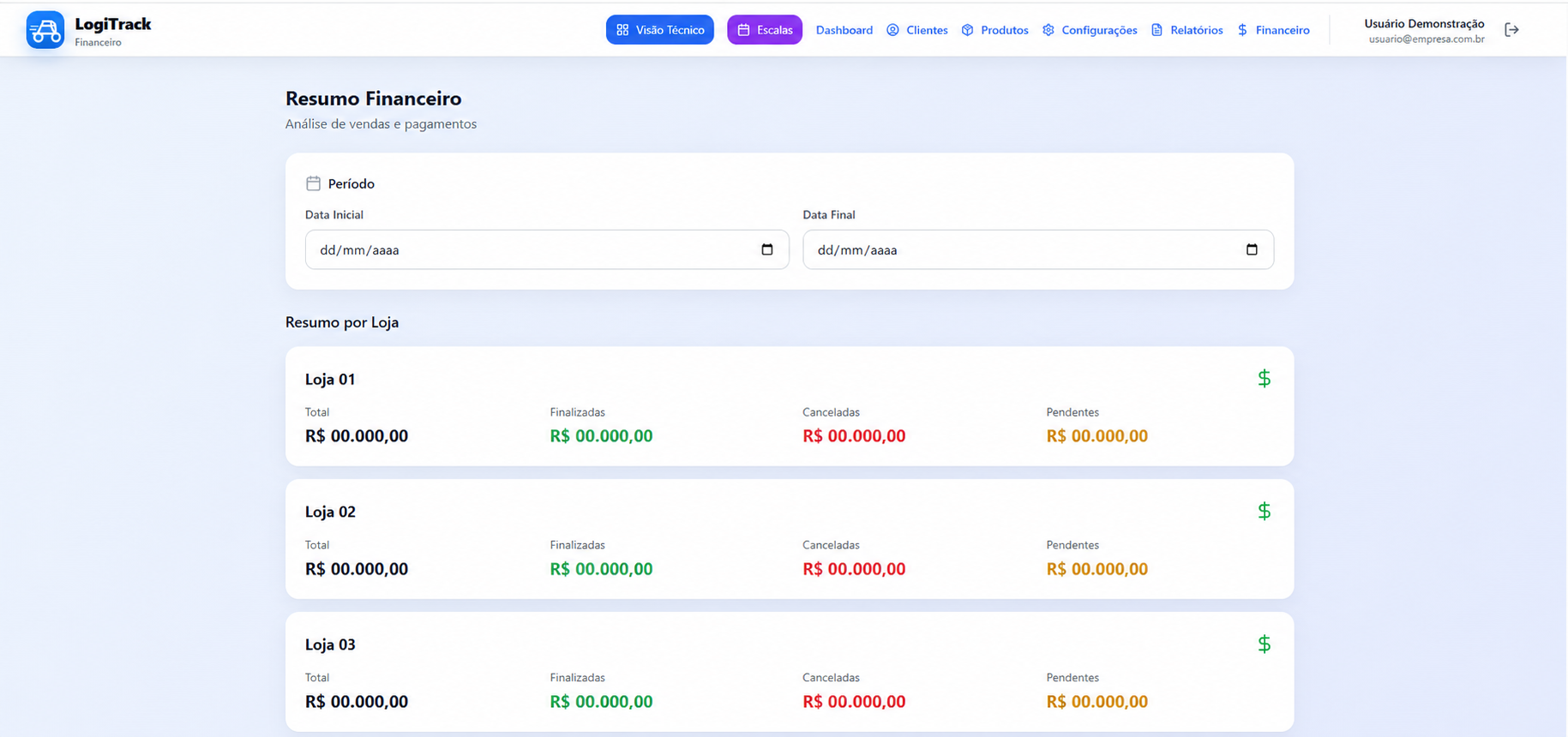 Tela real do LogiTrack: Gestão financeira