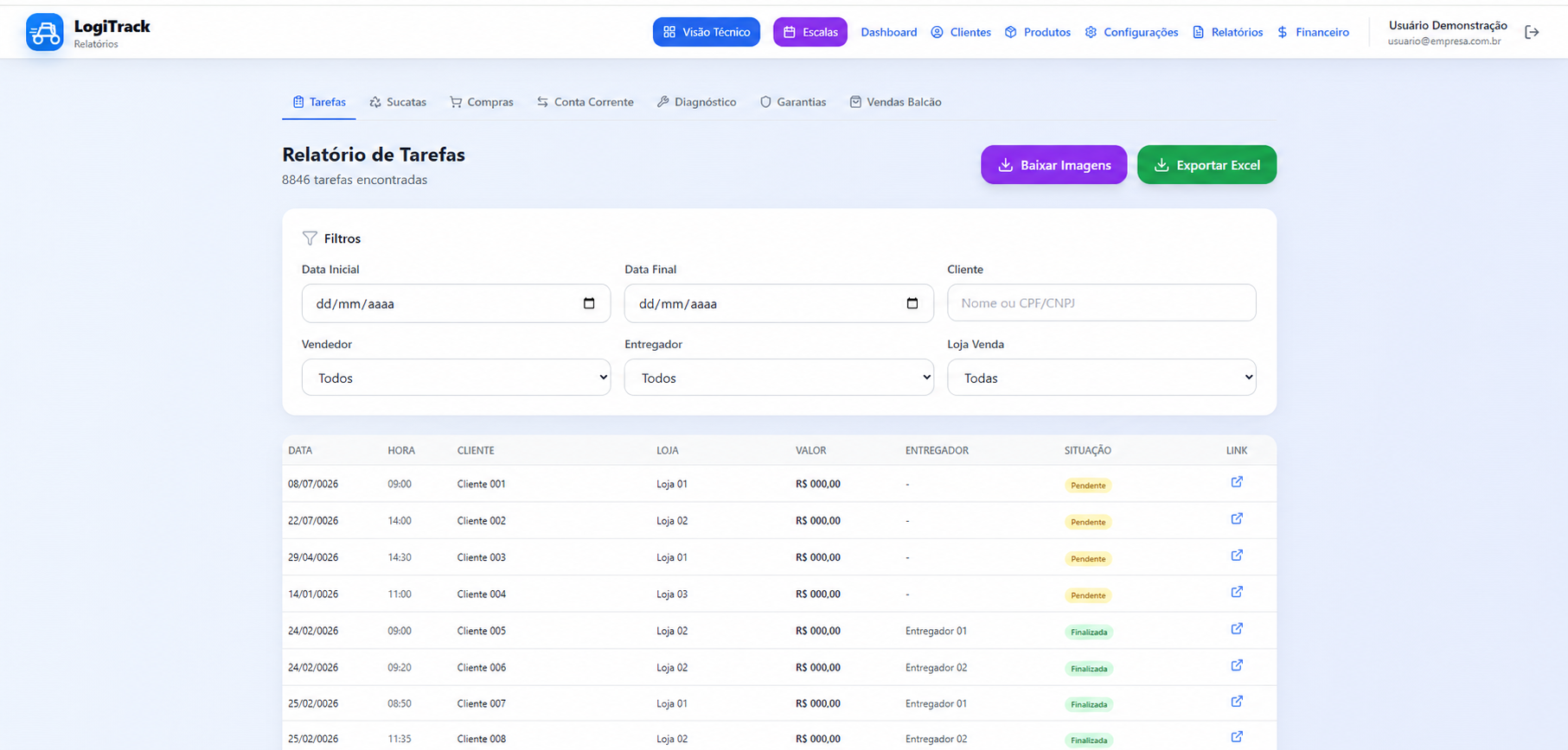 Tela real do LogiTrack: Relatórios operacionais